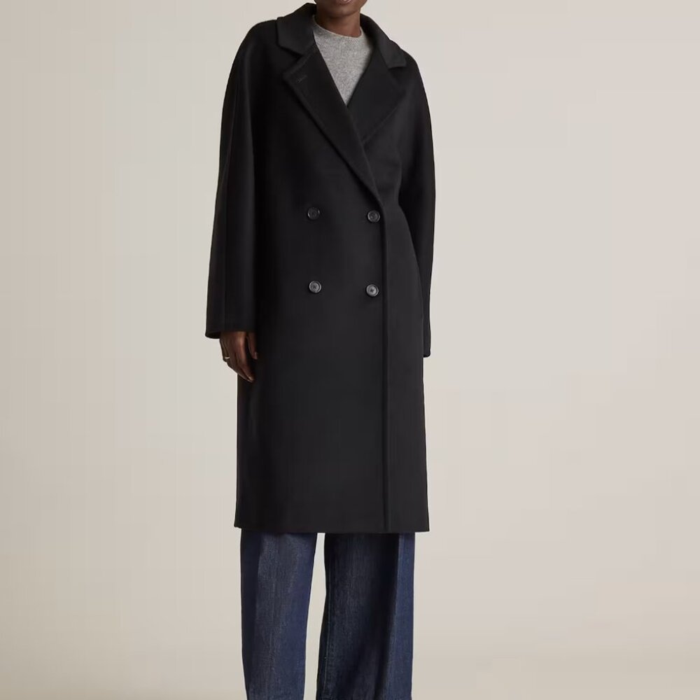 Quince Black Double-Breasted Wool Trench Coat